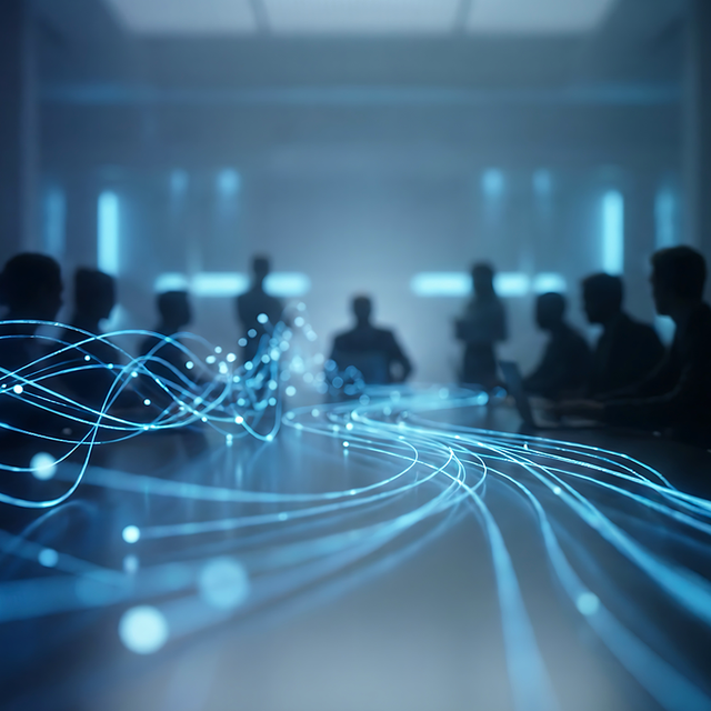 A business meeting in a dark conference room, with blue glowing data lines flowing across the table