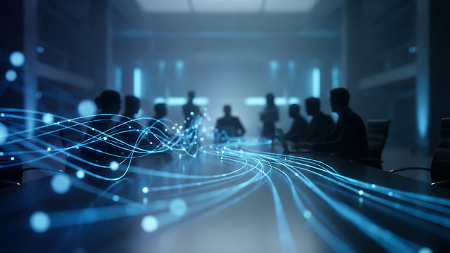 A business meeting in a dark conference room, with blue glowing data lines flowing across the table