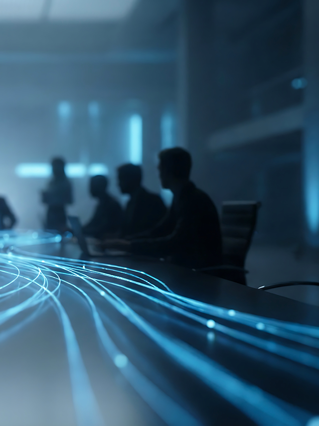 A business meeting in a dark conference room, with blue glowing data lines flowing across the table