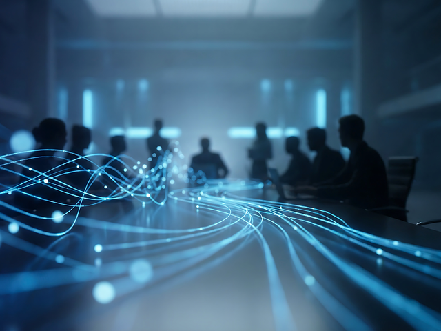 A business meeting in a dark conference room, with blue glowing data lines flowing across the table