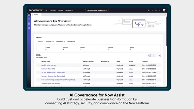 AI Governance for Now Assist: Build trust and accelerate business transformation by connecting AI strategy, security, and compliance on the Now Platform.