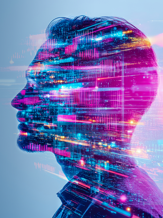 Side profile of a head filled with glowing pink and blue digital circuitry, with light trails streaming behind it