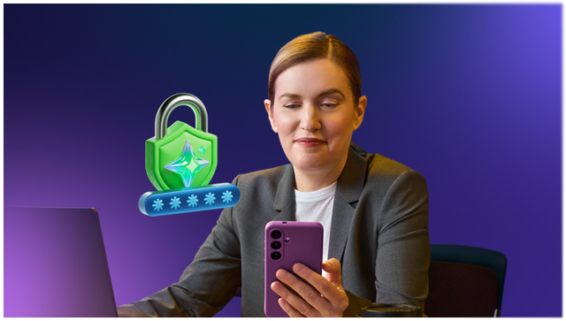 Woman looking at a phone in her hand against a purple background