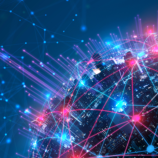 Abstract wireless network and connection technology concept with city background at night 