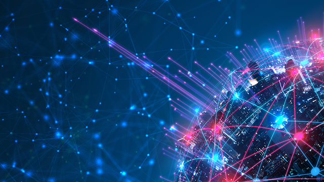 Abstract wireless network and connection technology concept with city background at night 