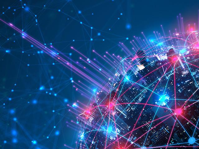 Abstract wireless network and connection technology concept with city background at night 