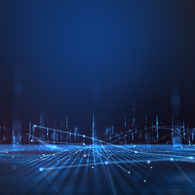 Abstract image of dots connected by lines on a flat plane against a blue background