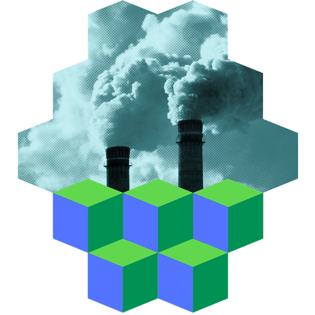 Image of manufacturing pipes with smoke on top of colored blocks.