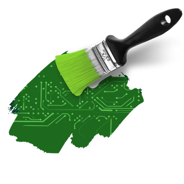 Image of a paintbrush leaving behind a splash of green paint embedded with circuit board patterns
