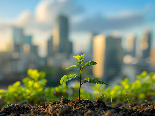 A thriving plant in the foreground with blurred city skyscrapers in the background