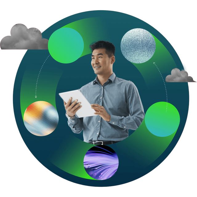 Man holding a tablet, surrounded by colorful orbiting spheres and cloud icons — suggesting a connected, forward-thinking approach to AI