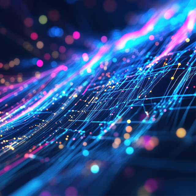 Abstract digital data stream visualization with connected lines and dots 