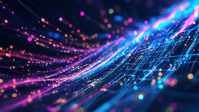 Abstract digital data stream visualization with connected lines and dots 