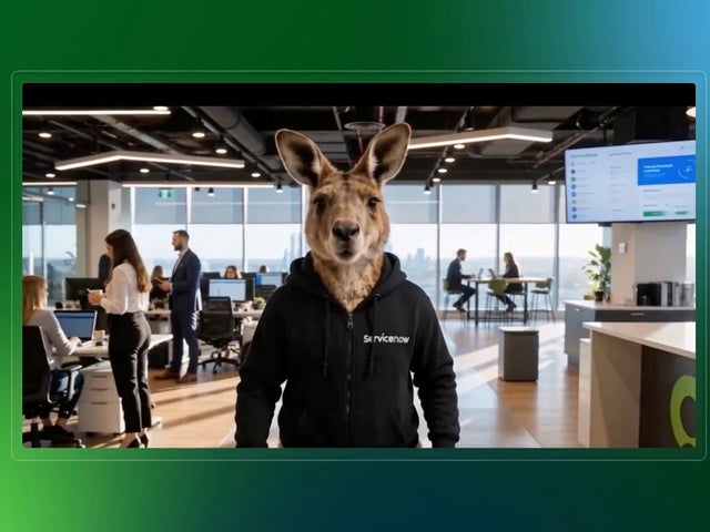 Kangaroo wearing a ServiceNow zippered hoodie in a busy office