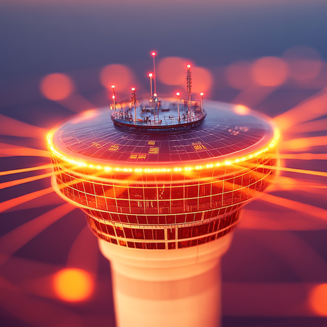 Futuristic air traffic control tower radiating digital connections and light