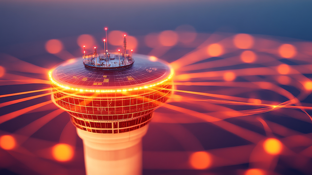 Futuristic air traffic control tower radiating digital connections and light