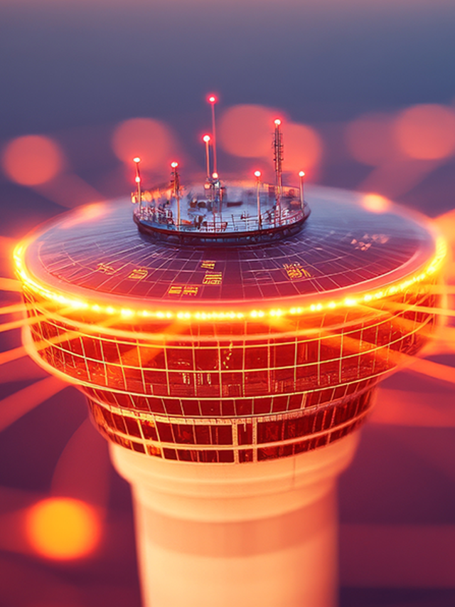 Futuristic air traffic control tower radiating digital connections and light