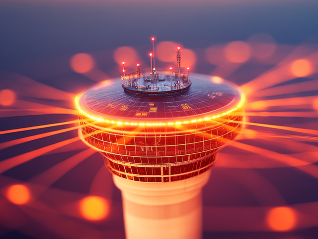 Futuristic air traffic control tower radiating digital connections and light