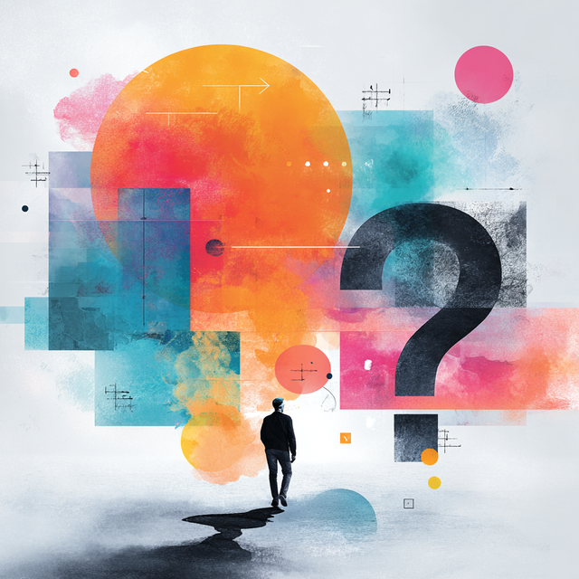 Illustration of a person walking away under colorful circle and square shapes and a large question mark