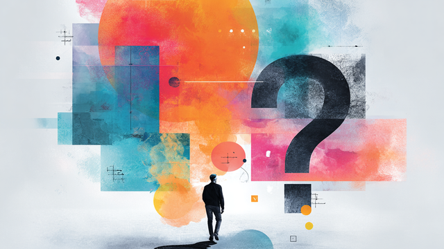 Illustration of a person walking away under colorful circle and square shapes and a large question mark