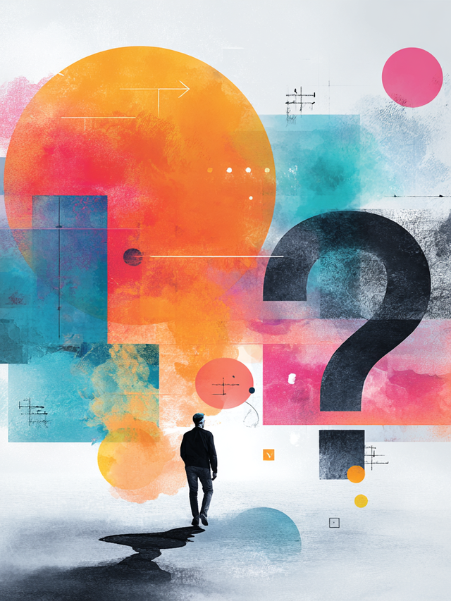 Illustration of a person walking away under colorful circle and square shapes and a large question mark