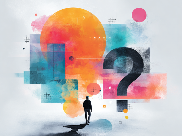 Illustration of a person walking away under colorful circle and square shapes and a large question mark