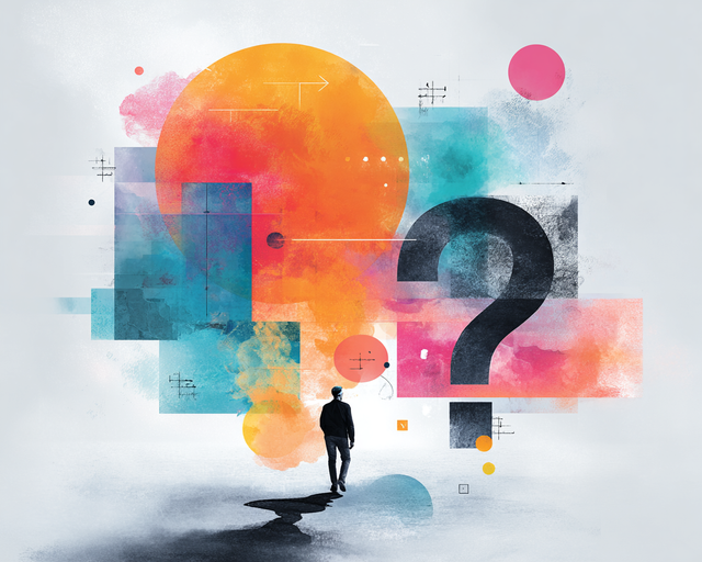 Illustration of a person walking away under colorful circle and square shapes and a large question mark