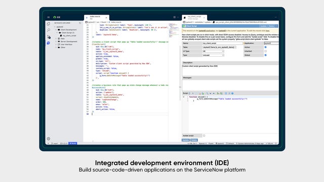 Integrated development environment: Build source-code-driven applications on the ServiceNow AI Platform.