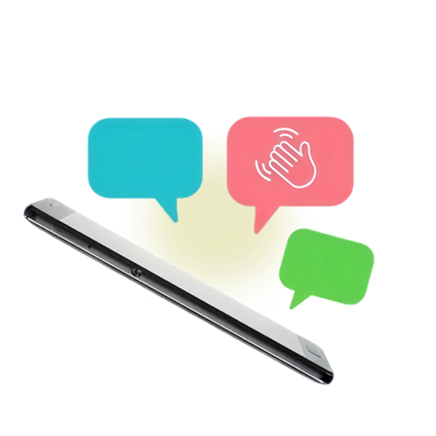 Image of smartphone tilted on its side with three chat bubbles floating above like a conversation just waiting to happen