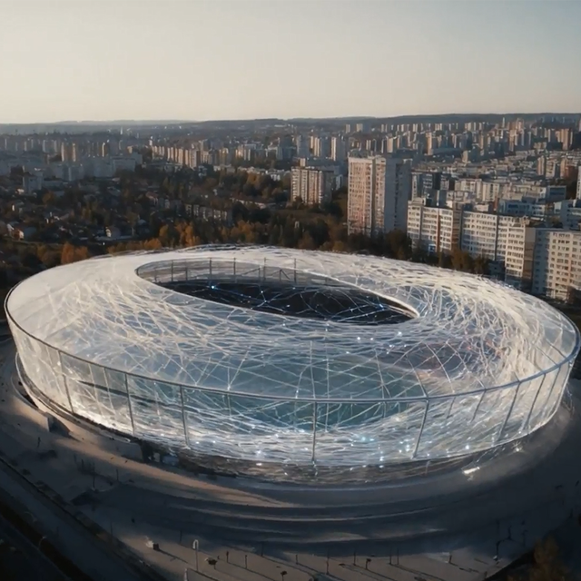 Aerial view of a futuristic stadium 