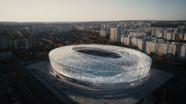 Aerial view of a futuristic stadium
