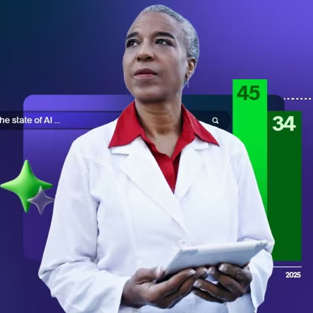 Woman in a labcoat holding a tablet in front of a purple background with green bars of data