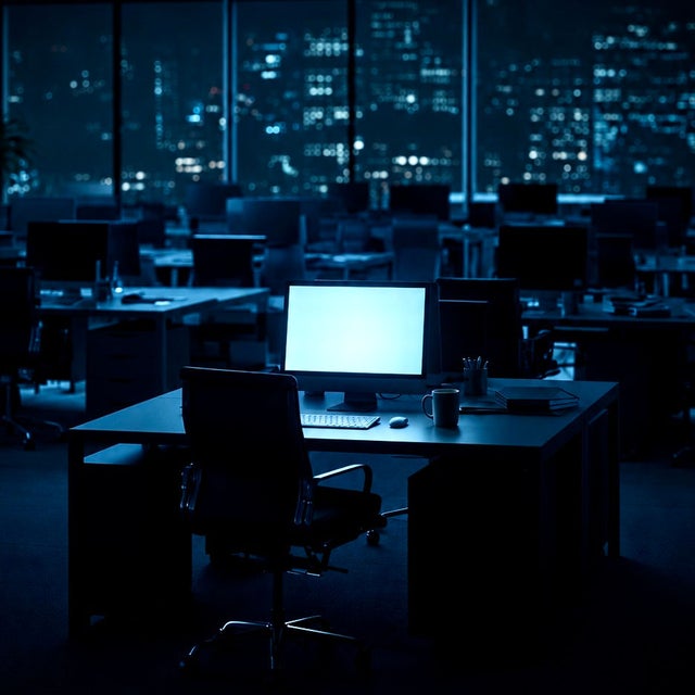 A bright screen in front of an empty chair in a dark office
