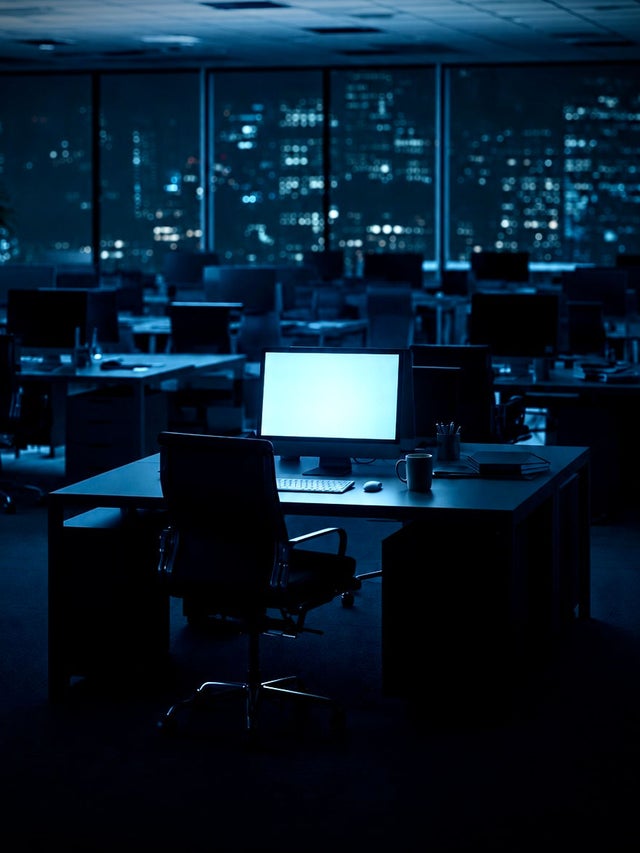 A bright screen in front of an empty chair in a dark office